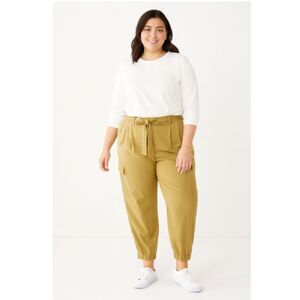 468 Nine West Mustard Yellow Belted Cargo Pants High-Rise Pleated Tapered Fit